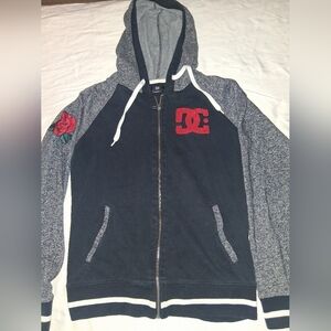 DC Black and Gray Zip-Up Hoodie with Red Emblem